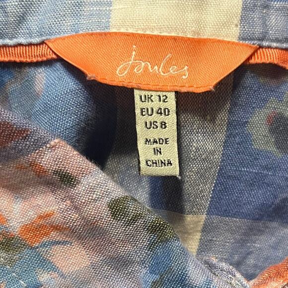 Joules 100% Linen Plaid Floral Print Button Down Shirt Size US 8 Blue Preppy - Picture 6 of 8